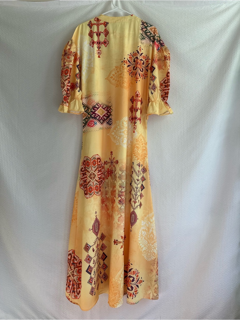 Boho Yellow Printed Maxi Dress Size: Large Puff Sleeve Button Front Cottagecore - Picture 2 of 7